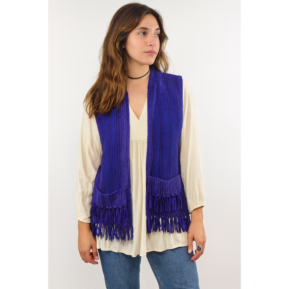 Ann Buckmaster Weaves Vest Fringe Large Blue Pure New Wool Open Front Vintage
